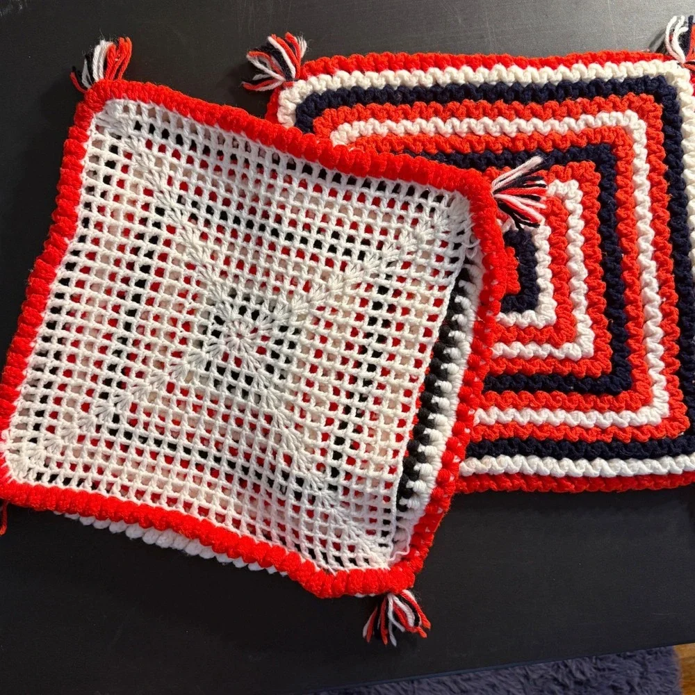 Vintage Handmade Crochet Pillow Covers Pair Red White Blue Buffalo Bills 17.5